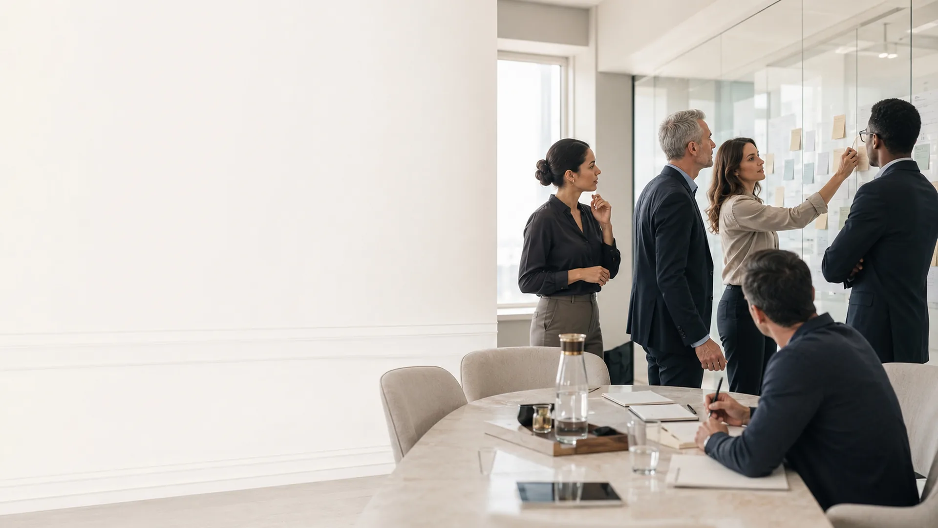 Führungsteam strukturiert gemeinsam Prozesse, Abhängigkeiten und Entscheidungen in einem Transformations-Workshop